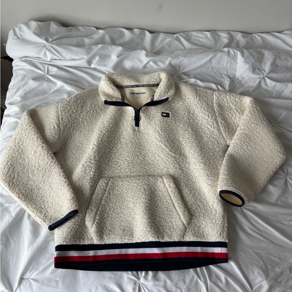 Tommy Hilfiger Sport Sherpa Quarter Zip in Cream with blue and red accents